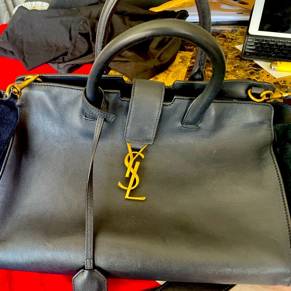 YSL navy blue leather and suede shoulder and cross body bag.